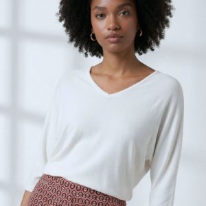 Pull col en V manches chauve-souris Blanc