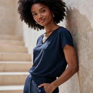 T-shirt manches courtes col en V Bleu